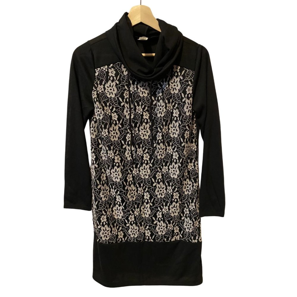 LACE TRIM DRESS/TUNIC W/DRAWSTRING COWL NECK